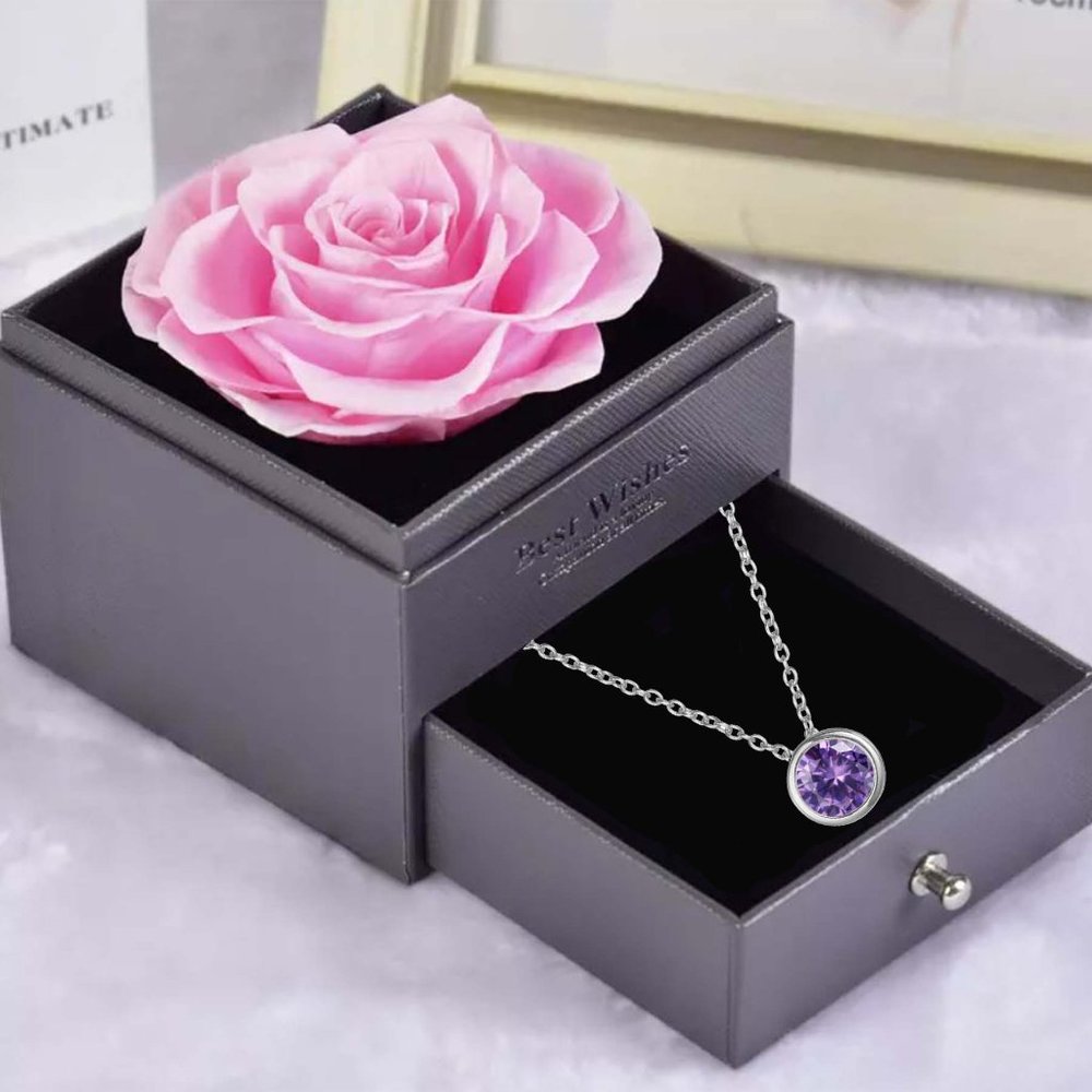 Preserved Rose In a Acrylic Box with Silver Plated February Birthstone Necklace